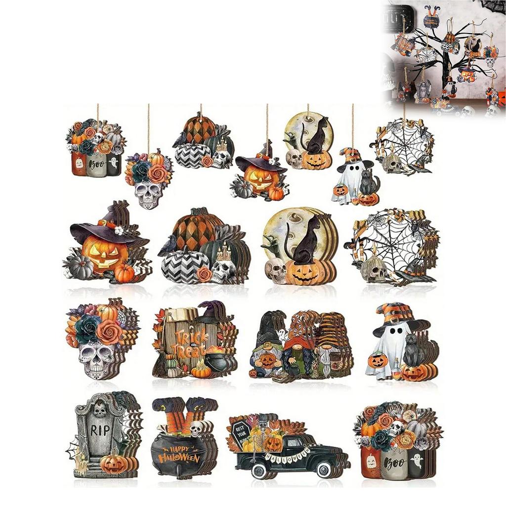 12Pcs Halloween Wooden Pendant Decorations Pumpkin Ghost Hanging Ornament Tags For Halloween Party Tree Decoration Diy Crafts