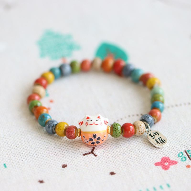 Bracelet chat porte-bonheur mignon pour filles, bracelets de perles colorées réglables
