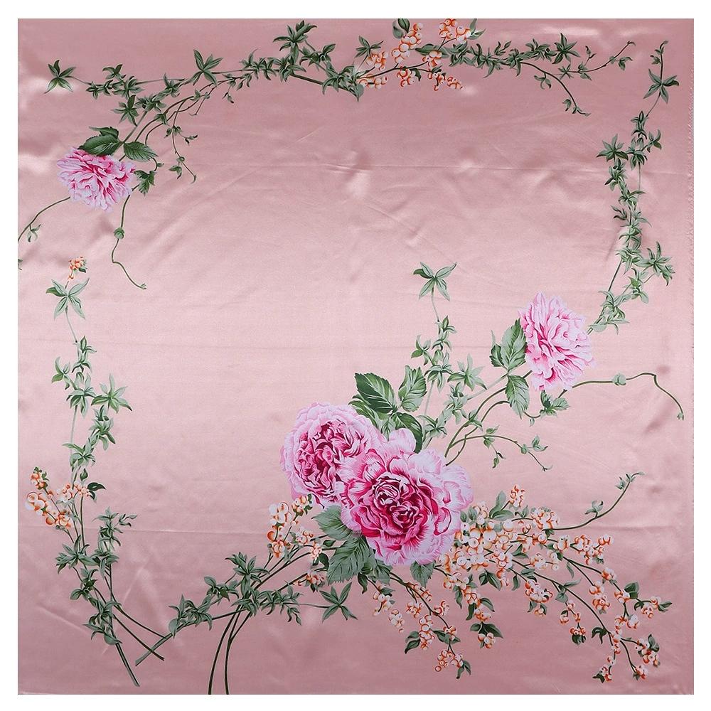 Elegant 90*90cm Spring Rose Flower Printed Small Square Scarf Foulard Hijabs For Ladies