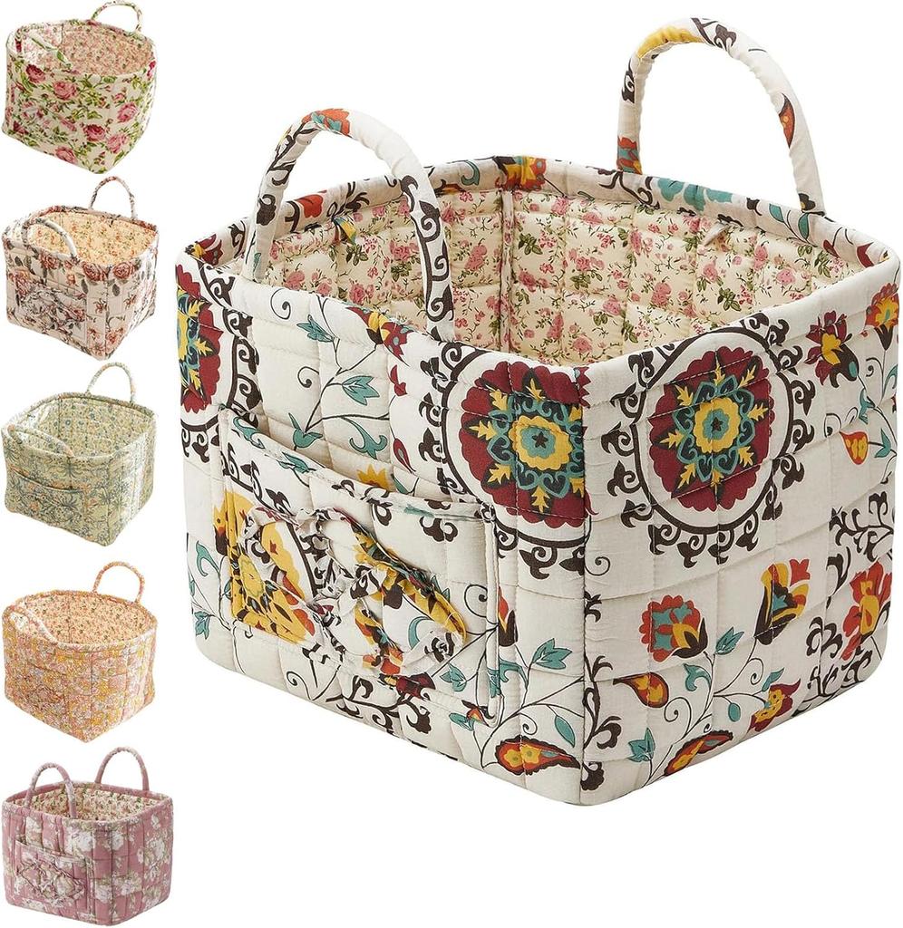 Boho Fabric Storage Basket, Floral Laundry Baskets,Decoration Large Capacity Storage Baskets, Portable Folding Storage Bag for Clothes and Sundries