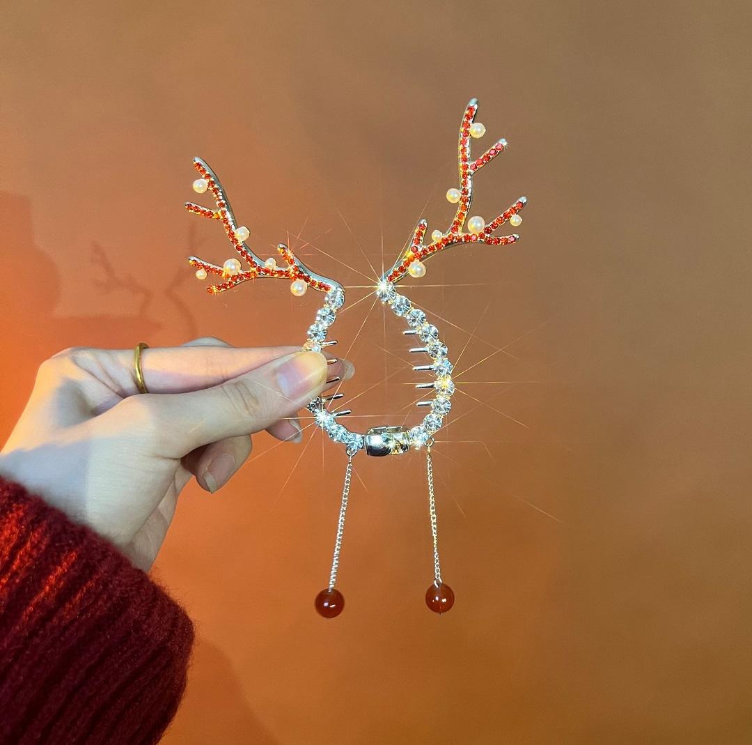 

2023 Рождественский Оленьи Рога Стразы Шар Заколка для Волос Аксессуар