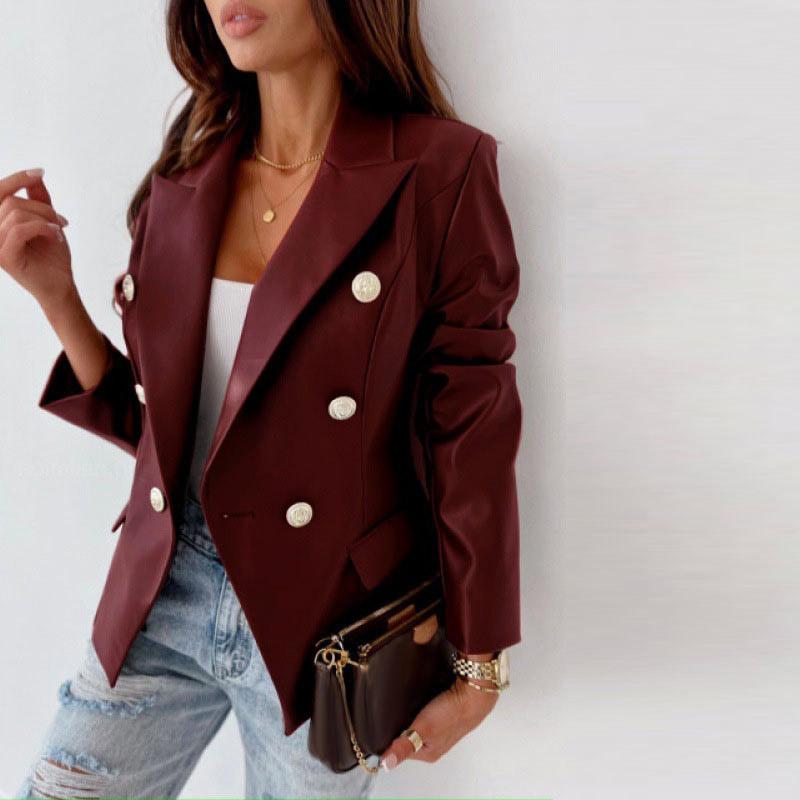 

Женская куртка из искусственной кожи с длинными рукавами, двубортная, осенне-зимняя, модная, индивидуальное пальто для поездок на работу, винтажный стиль с лацканами, шикарная уличная одежда S бордовый