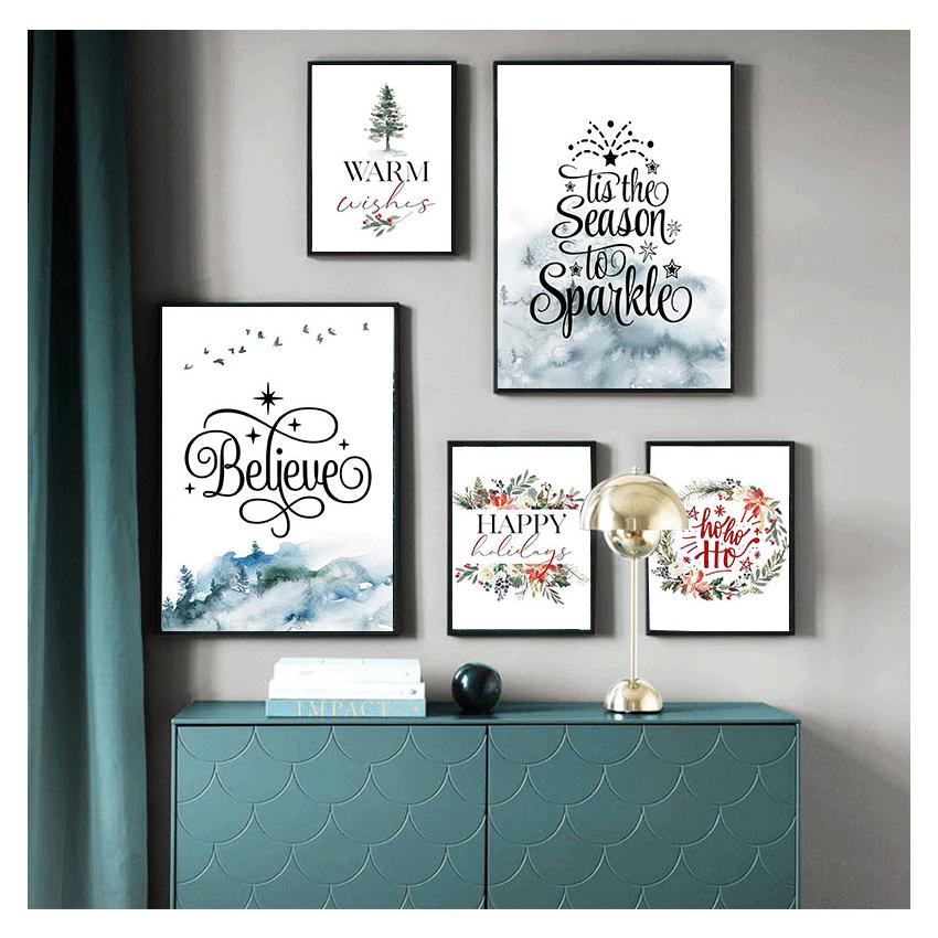 Picture Merry Christmas Party Decoration Nordic Wall Decor Watercolor Art Painting Prints Happy Holidays Quotes Canvas Posters
