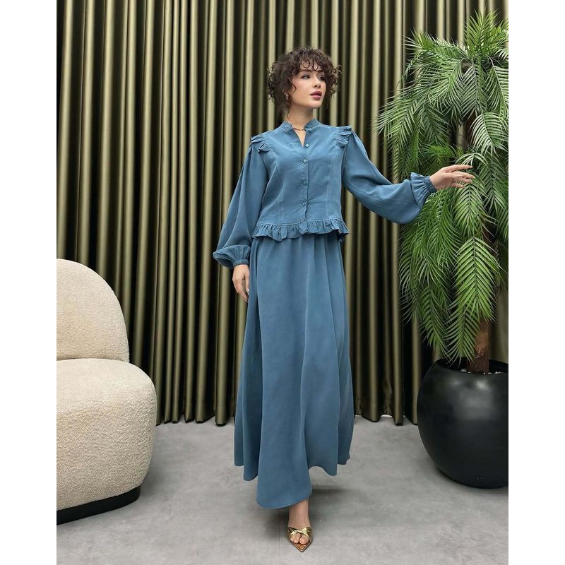 Western Style New Fashion Casual Stand Collar Long Sleeve Shirts Skirt Sets Shirt and Skirt Set