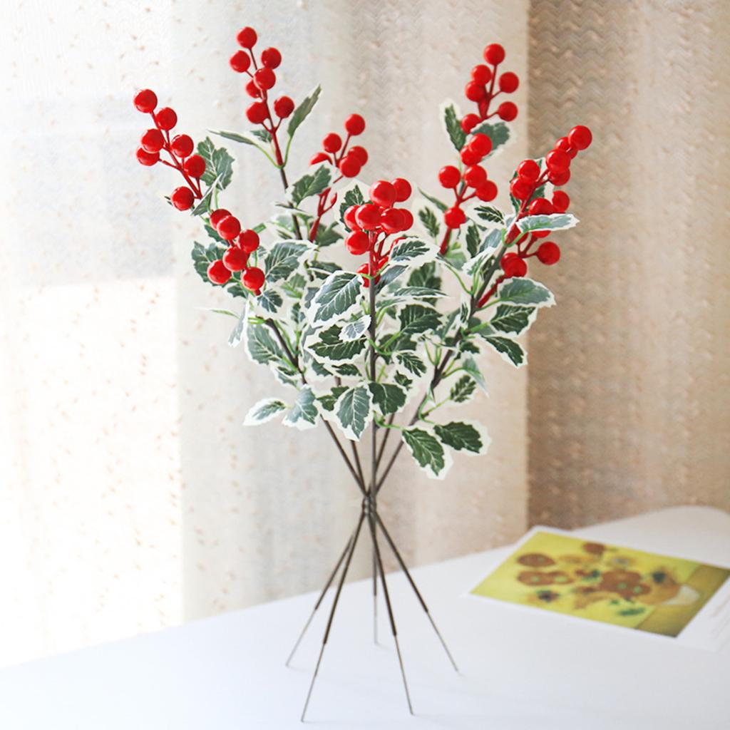 5pc Simulation 7-Pronged Red Fruit Christmas Leaf, Single Christmas Decoration Artificial Flower, Home Dining Table Flower Arrangement, Money Fruit