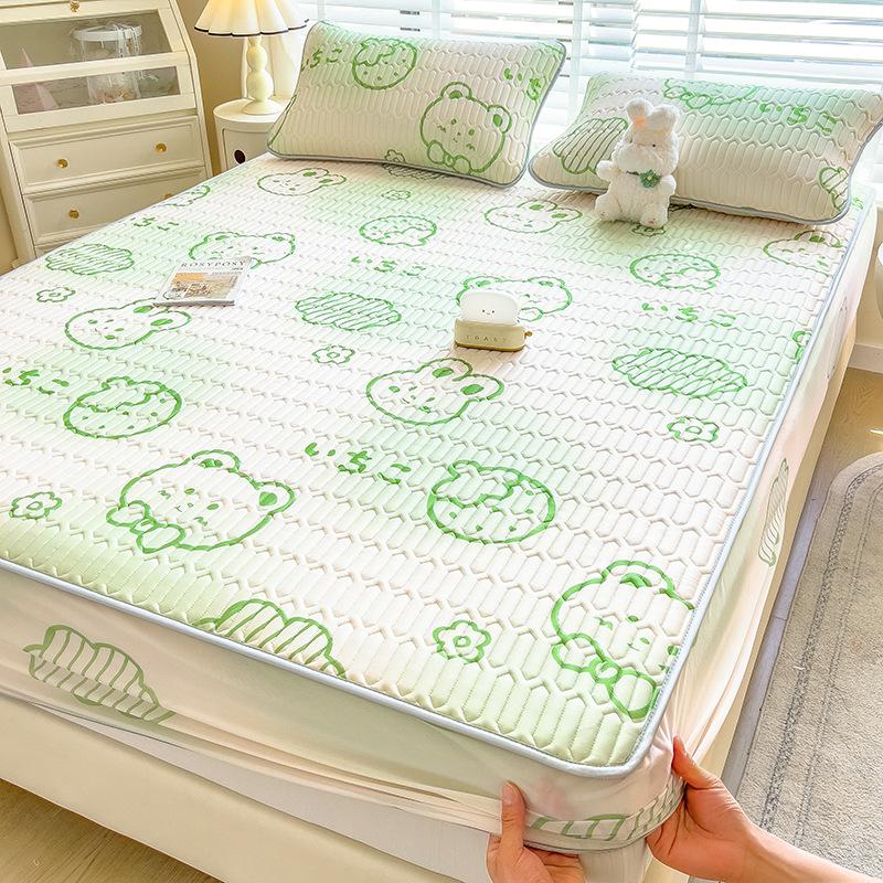 3Pcs Summer Natural Latex Cooling Mat Set Cartoon Printed Fitted Sheet with Pillowcase Soft Non-Slip Bedding with Elastic Band