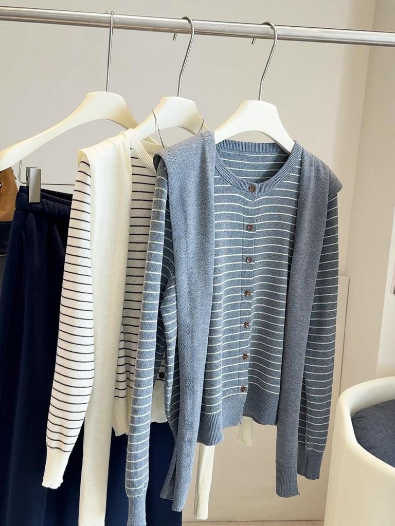 Women's 2025 Spring/Autumn Striped Knitwear Set: Round Neck, Short, Loose-Fit Sweater & Base Shirt.
