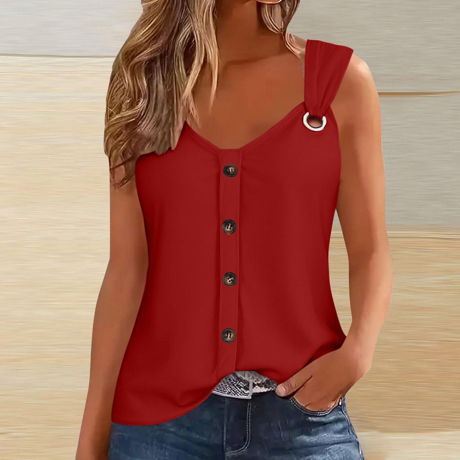 

Women s Fashion Casual Loose Sleeveless Buttoned V-Neck Colour T-Shirt Top L червоний