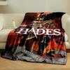 Fiery background, weapon-wielding character with skull motifs and vibrant text. for all seasons blanket lunch break throw gift