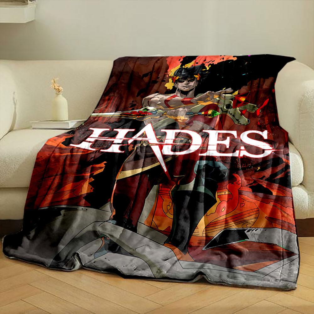 Fiery background, weapon-wielding character with skull motifs and vibrant text. for all seasons blanket lunch break throw gift