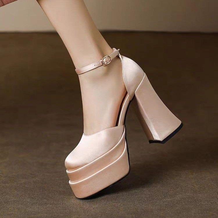 Fashion Large Size Shoes Barbie Shoes Versatile Thick High Heels Waterproof Table Hollow Mary Jane Single Shoes Autumn New Models