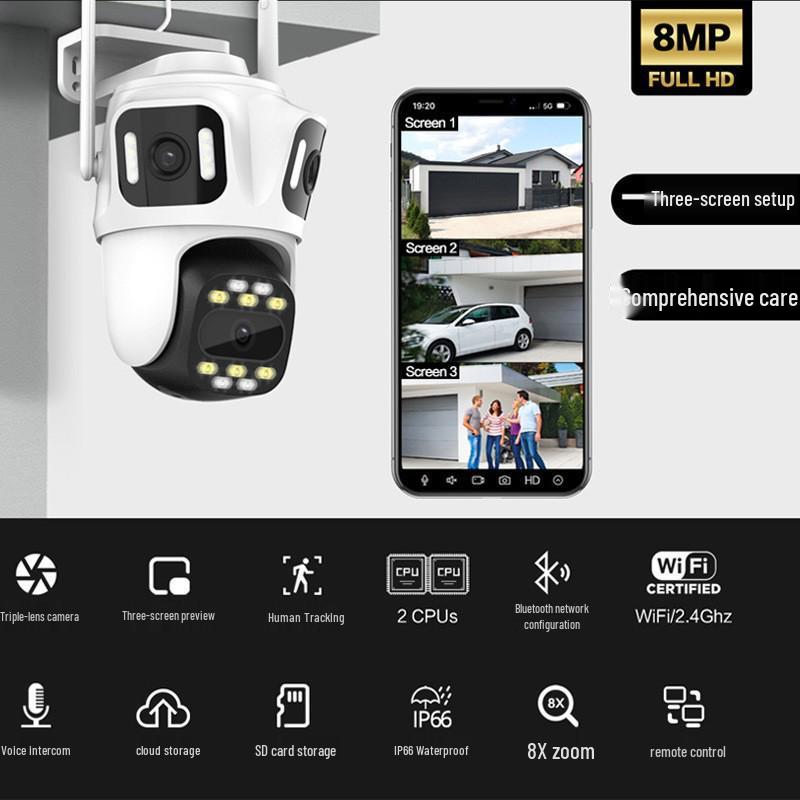 Ultra-klare kabellose Outdoor-Panorama-Kamera mit Nachtsicht und Drei-Bildschirm-Überwachung