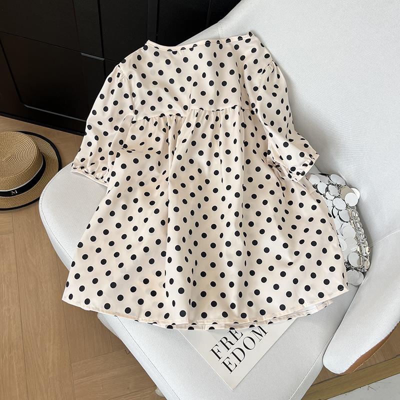 2025 new product super good-looking bubble sleeves casual top women's retro temperament small fragrant wave dot short sleeves