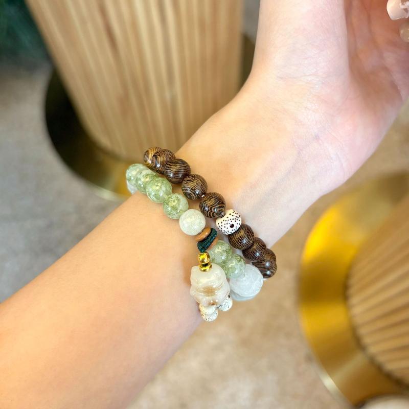 New Chinese Style Beaded Bracelet Watch Strap for Xiaomi Band 10, Premium Replacement Wristband, Green Grape Milk Tea Design