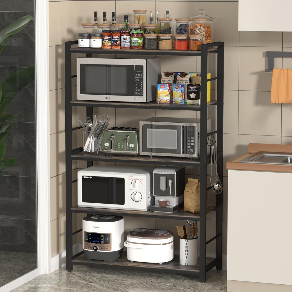 NAIYUFA Bakers Rack,Microwave Oven Stand 5 Tier Utility Storage Shelf with Hooks,Multifunctional Wood Shelf for Kitchen,Bathroom,Livingroom,Storehouse