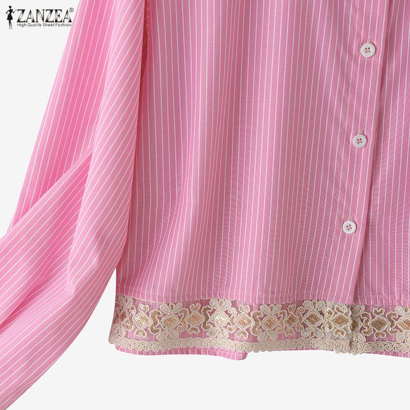 ZANZEA Women Turn Down Collar Long Sleeve Casual Stripe Blouse