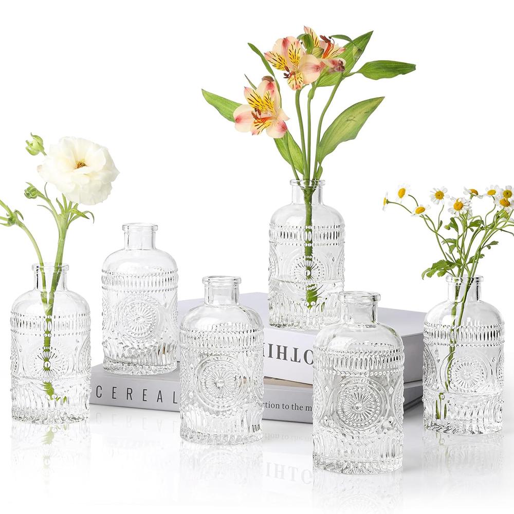 Glass Bud Vases Set of 6 Small Clear Bud Vases In Bulk, Mini Vintage Decorative Bottles, Modern Floral Centerpiece for Flowers