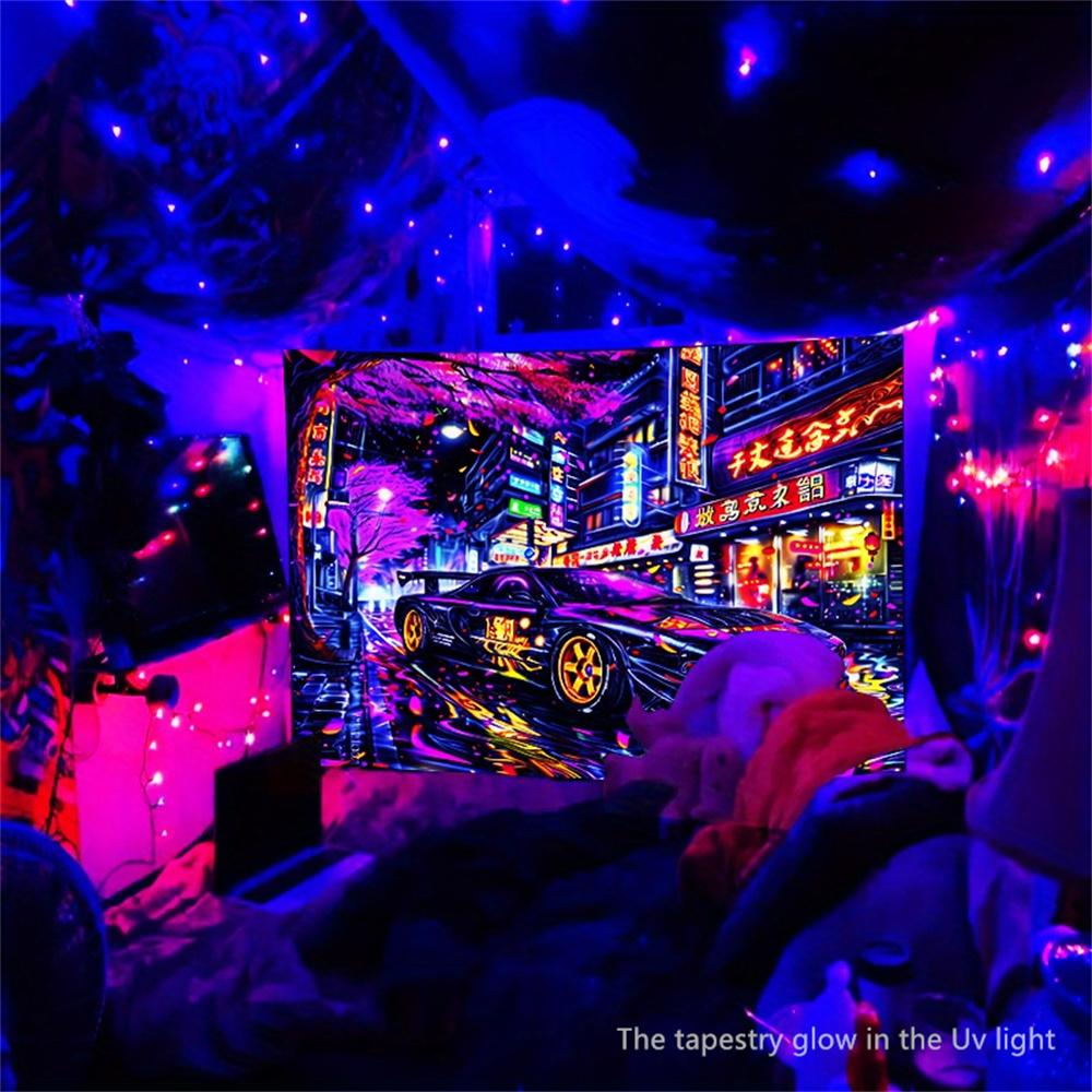 Racing Uv Blacklight Fluoresce Tapestry Room Decoration Neon-Lit Anime Car Aesthetic Wall Hanging Party Decor Backdrops Cloth
