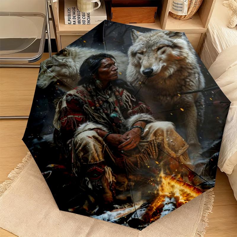 1PC Wolf Native Spirit Automatic Umbrella - Suitable Travel Outdoor Portable Umbrella Birthday Gift Daily Essentials