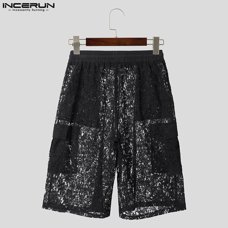 INCERUN Męskie elastyczne w pasie koronkowe ażurowe prześwitujące bez podszewki zakrywające krótkie szerokie spodnie