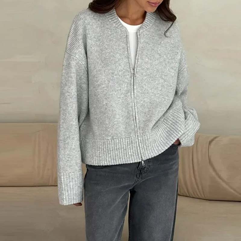 Women Casual O-Neck Knit Cardigan Autumn Winter Loose Long Sleeve Zipper Sweater Vintage Solid  All-matching Knitwear