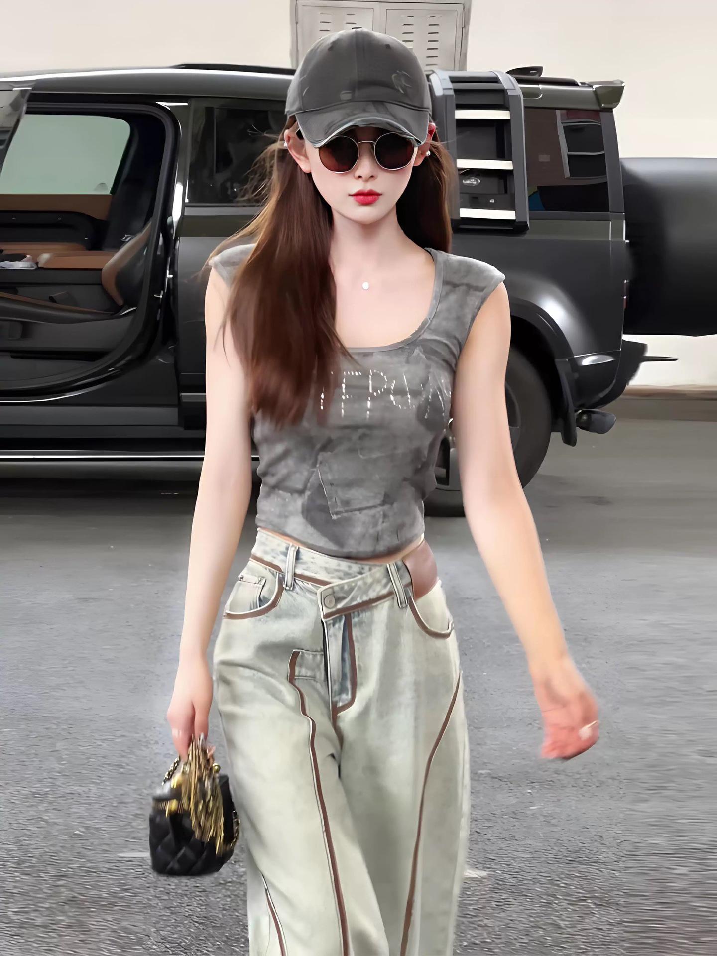 

Корейские джинсы неправильной формы с ручной росписью, широкие, с высокой посадкой, стройнящие, для женщин XXL синий/лазурь