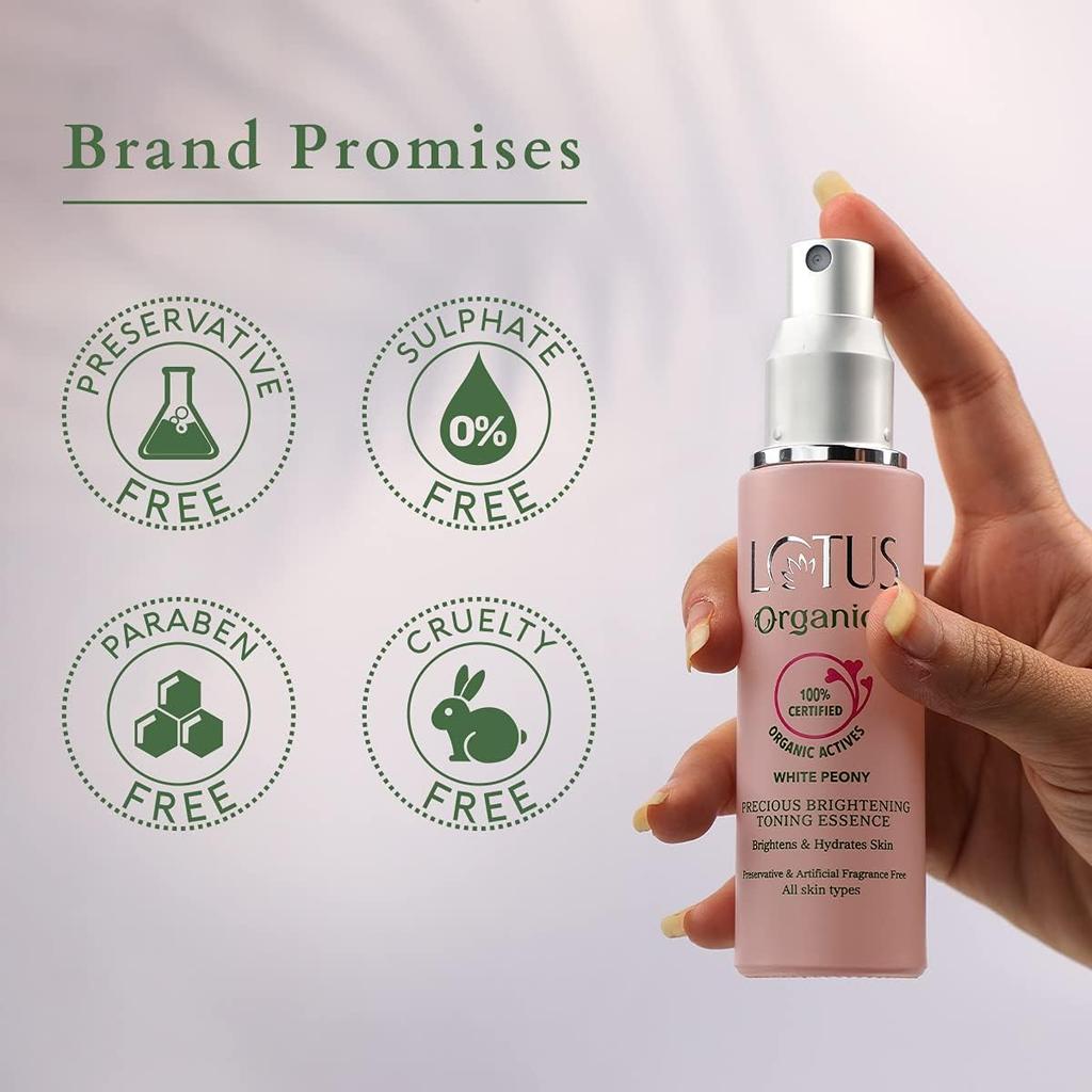 Lotus Organics+ Precious Brightening Toning Essence | 100% Certified Organic White Peony | Minimises Pores & Restores Skin's pH Levels | Sulphate &