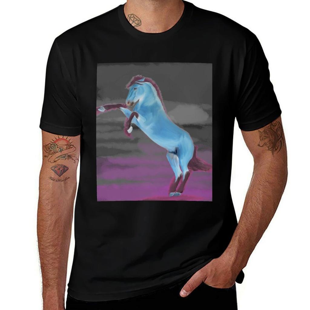 Blue Horse Rearing Tshirt Simple Trendy Casual Tshirt