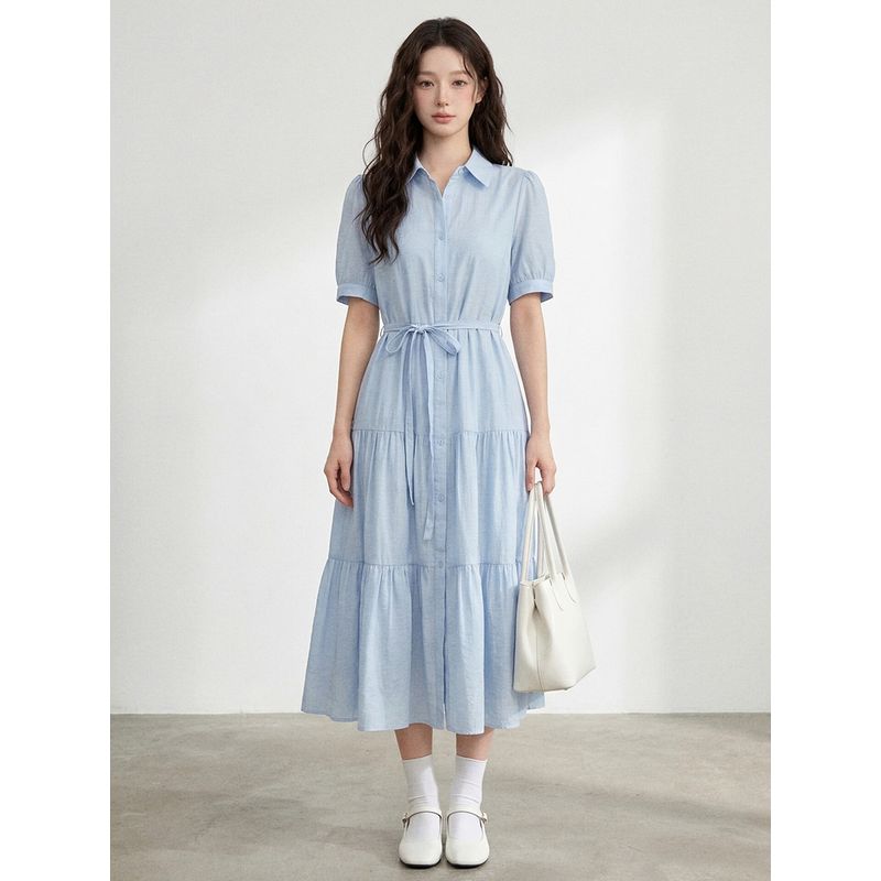 Plus-Size Women's Clothing for Fat Girls, Korean Style Simple Style Lapel Tie Waist Dress 2026 Summer Elegant Slimming Long Dress