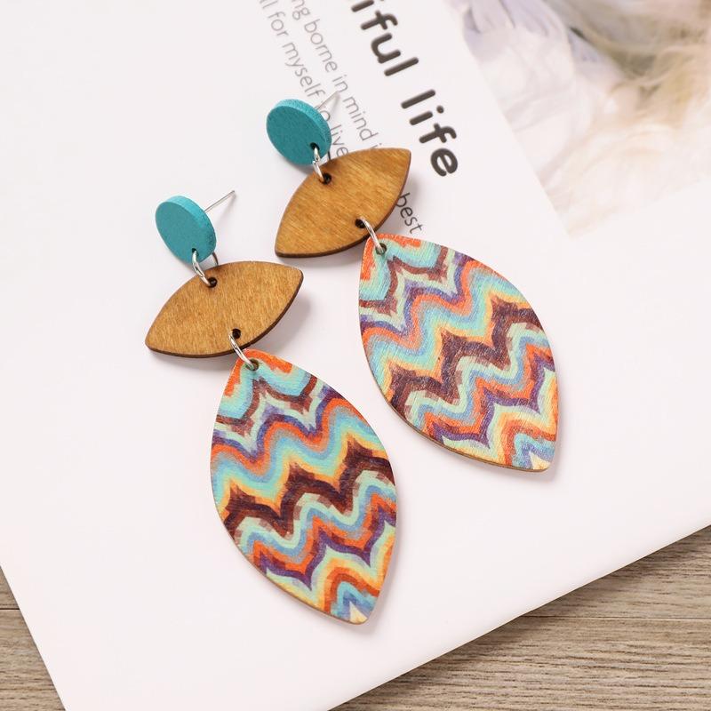 Bohemian Wood Stud Earrings Niche Design Geometric Stripe Print Earrings Femininity Personality Earrings