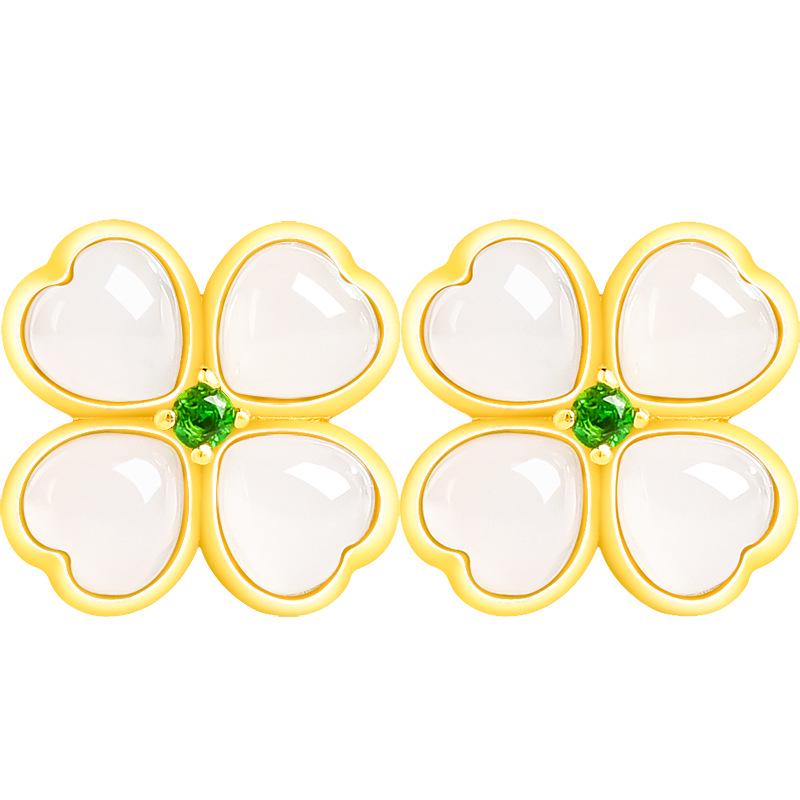 Genuine Hotan White Jade Four-Leaf Clover Stud Earrings with S925 Silver - Fashionable Women s Style