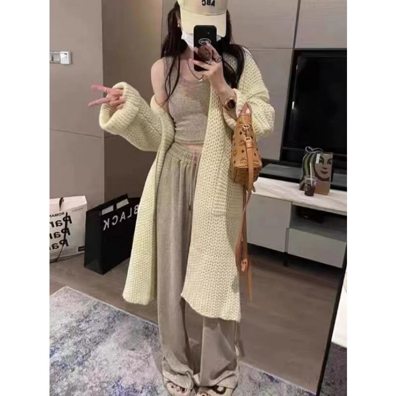 Spring and Autumn New Medium and Long Sweater Women's Coat Solid Color Knitted Cardigan Lazy Wind Thin Women's Thick Clothing