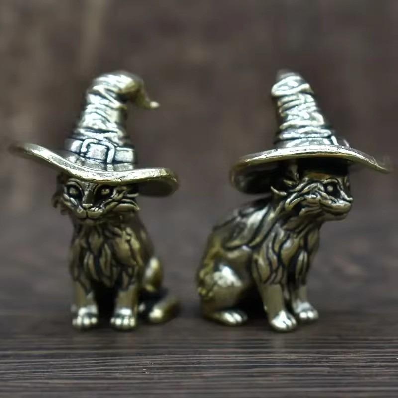 Cute Solid Brass  Cat Figurine - Retro Witch Cat Miniature Statue, Antique Copper Tea Pet Table Ornament Home Office Decor
