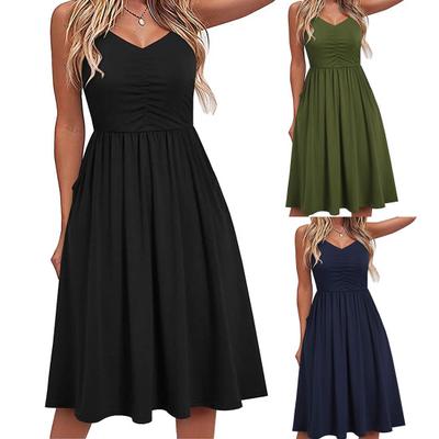 Sling Solid Color Women Dress Spaghetti Strap V-neck Shirring Waist Tight Midi Dress Streetwear
