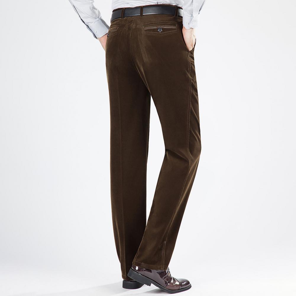 Mid-aged Men Pants Corduroy Solid Color Soft Plush Straight Wide Leg High Waist Button Zipper Closure Formal Business Style Long