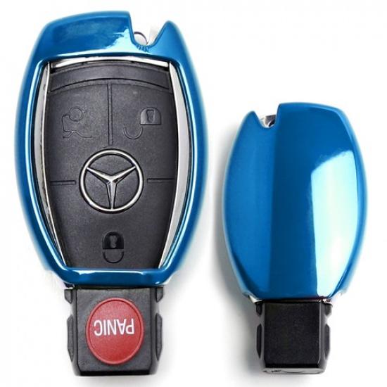 

Chrome Blue TPU Key Fob Case For Mercedes C E S M CLA CLK CLS SLK GLK GLA GL etc