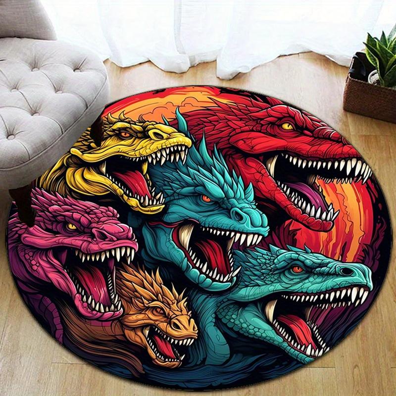 Colorful Dragons Round Rug Flannel Fantasy Lovers Home Decor Mythical Creatures Theme Carpet