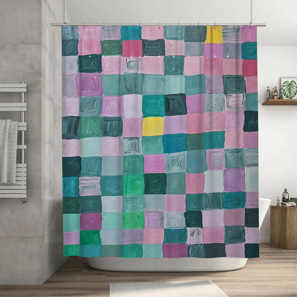 Modern Bathroom DecorVibrant Watercolor Checkered Shower Curtain Set for Bathtub Pastel Colors Collection