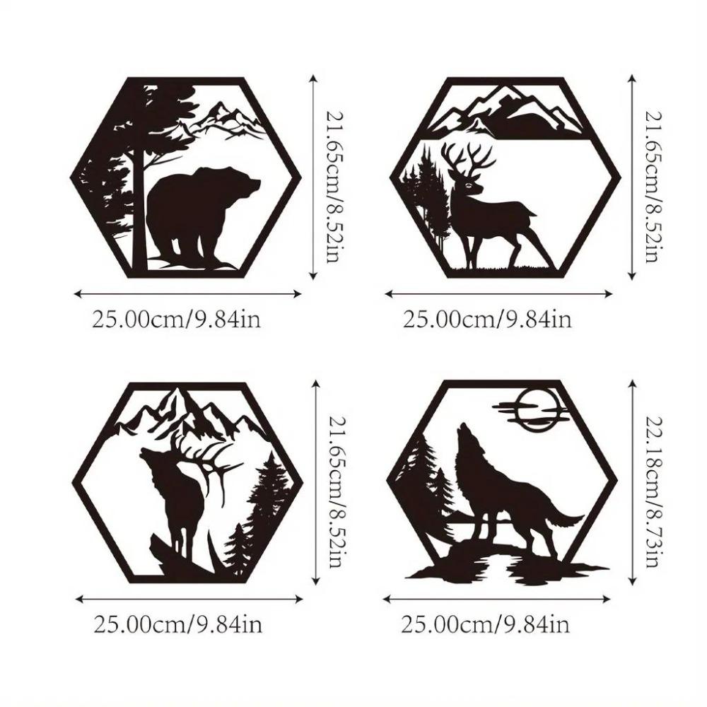 

Set of 4 Black Rustic Metal Wall Sculptures Hexagonal Frame Forest Animals Home Decor TY3504-01