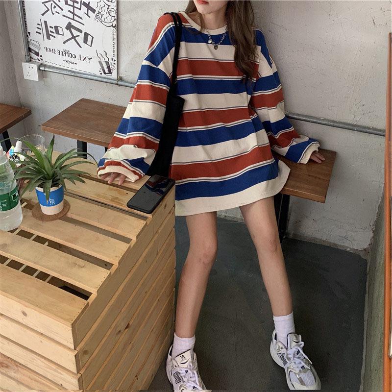 Striped Women's Korean Style Loose Long Sleeve Mid-length T-shirt, Spring/Autumn 2022 Trend