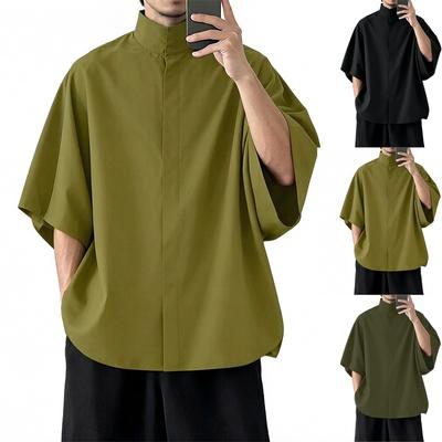 Men S Stand Collar Dark Placket Loose Fit 1 2 Sleeve Casual Shirt