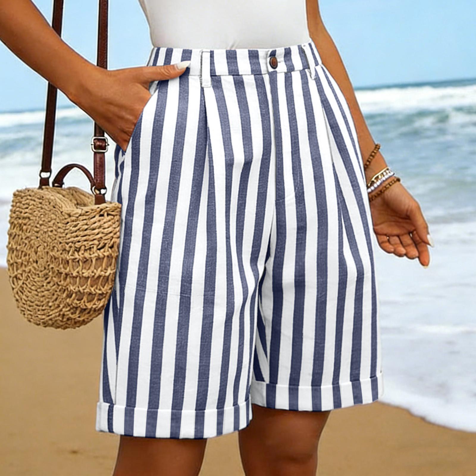 Women s Striped Casual Fashion Breathable Loose Cotton-Linen Shorts L