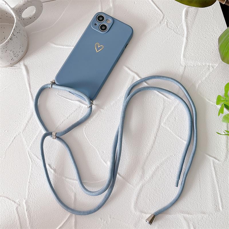 Crossbody Lanyard Silicone Phone Case For iPhone 15 14 11 12 13 Pro Max Mini 8 7 6 Plus 10 X Xr Xs Max SE Love Heart Cover