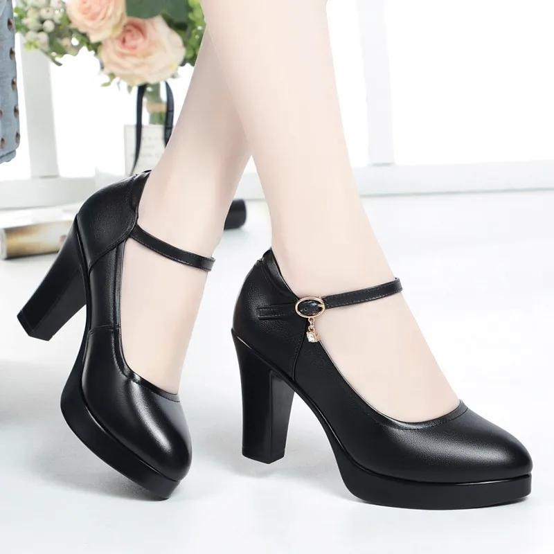 Women Cute Sweet Slip On High Heel Shoes New 2025 Spring Casual Comfortable Pumps Female Black Leather Shoes Zapatos De Mujer