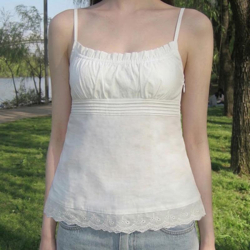 Sweet Pleated Lace Camisole - 2026 Summer Slim Fit French Crop Top Large белый