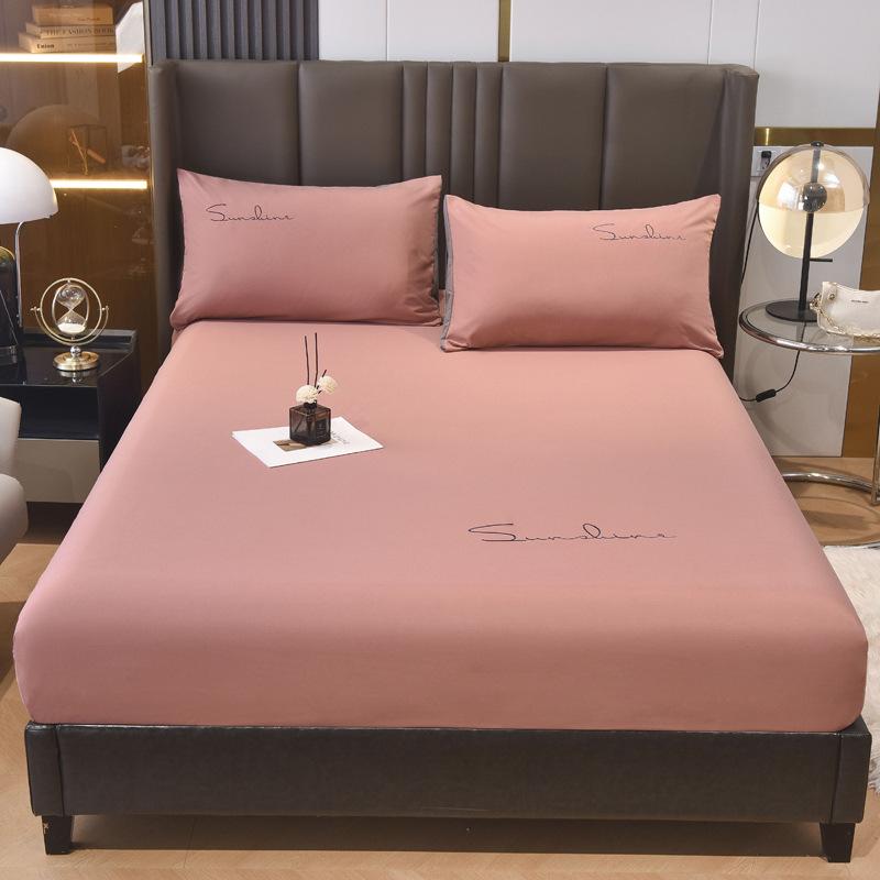 New Light Luxury Embroidered Single Fitted Sheet Solid Color Fitted Sheet Non-slip Washed Cotton Bed Cover Seat