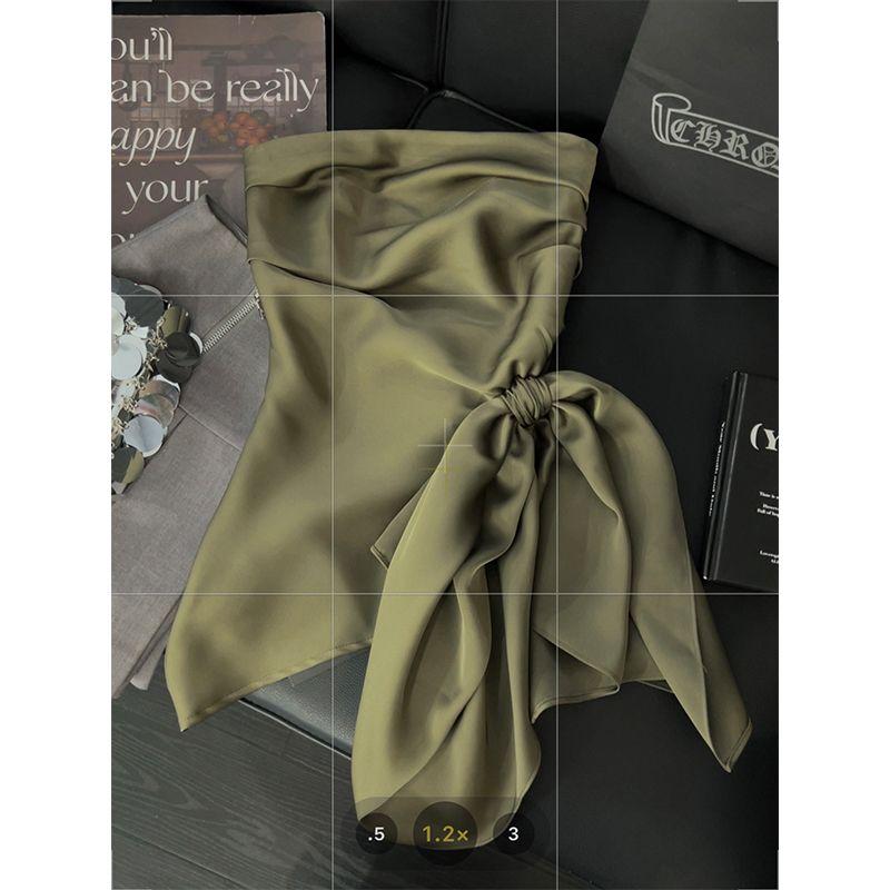 

Satin Bows Tube Top Vest Women s French Style Asymmetric Fold Stylish Elegant Go-Getter Girl Style Sleeveless Tops Summer Dark green S