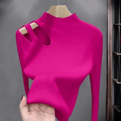 Women Fall Winter Top Thick Knitted Half-high Collar Long Sleeve Slim Fit Solid Color Hollow Out Elastic Pullover Soft Warm One Size Lady Sweater
