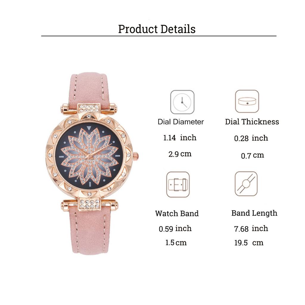 Fashionable Simple Diamond Flower Round Dial Leather Strap Women's Quartz Watch Set of 6 for Christmas and Thanksgiving Gifts
