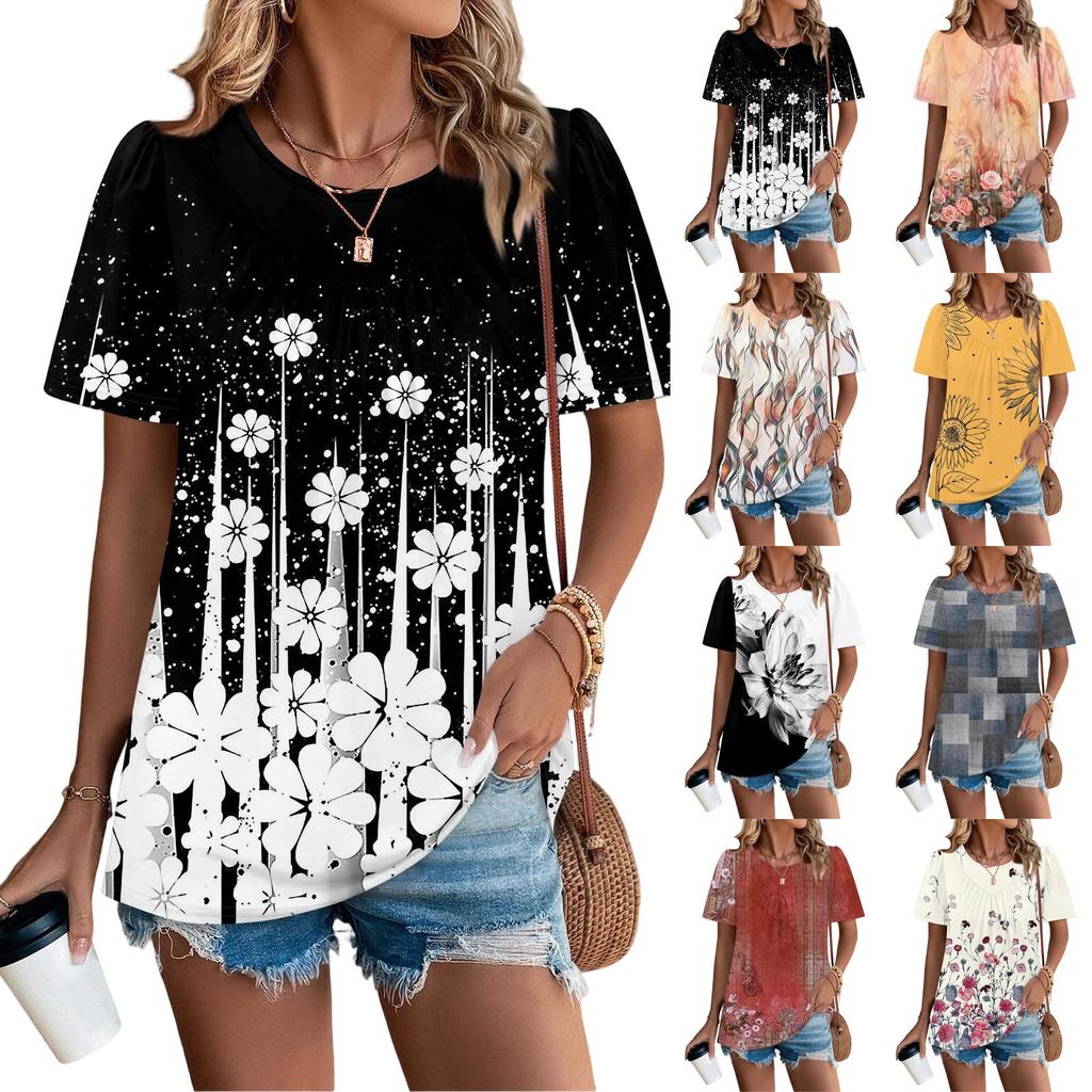 Women's Casual Fashion Round Neck Floral Printed Pleated Short Sleeve T-shirt Top